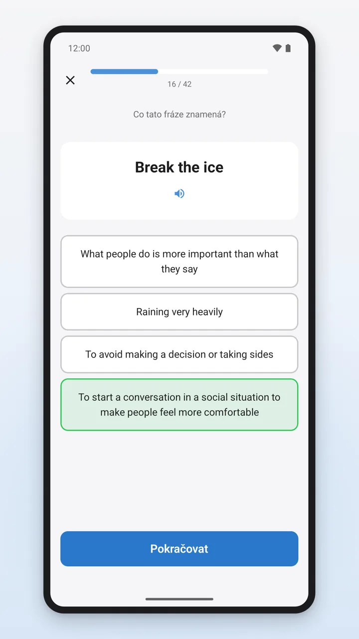 Kvíz v lekci: anglický idiom se čtyřmi možnými významy, správná odpověď zvýrazněná zeleně