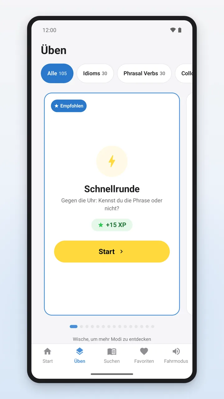 Tab „Üben“ mit Kategoriefiltern und einem Karussell der Übungsmodi; die Karte „Schnellrunde“ ist als „Empfohlen“ markiert