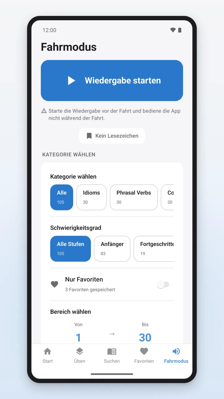 Fahrmodus mit der Schaltfläche „Wiedergabe starten“, dem Hinweis, die Wiedergabe vor der Fahrt zu starten, und der Kategoriewahl