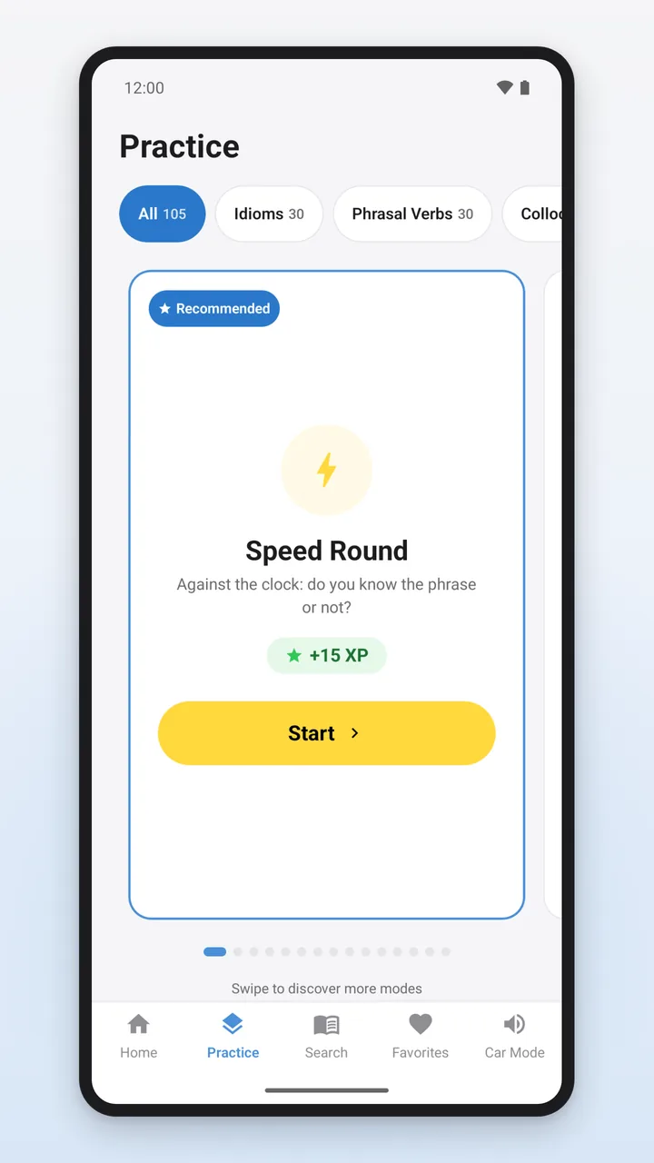 Practice tab with category filters and a carousel of practice modes; the Speed Round card is marked Recommended