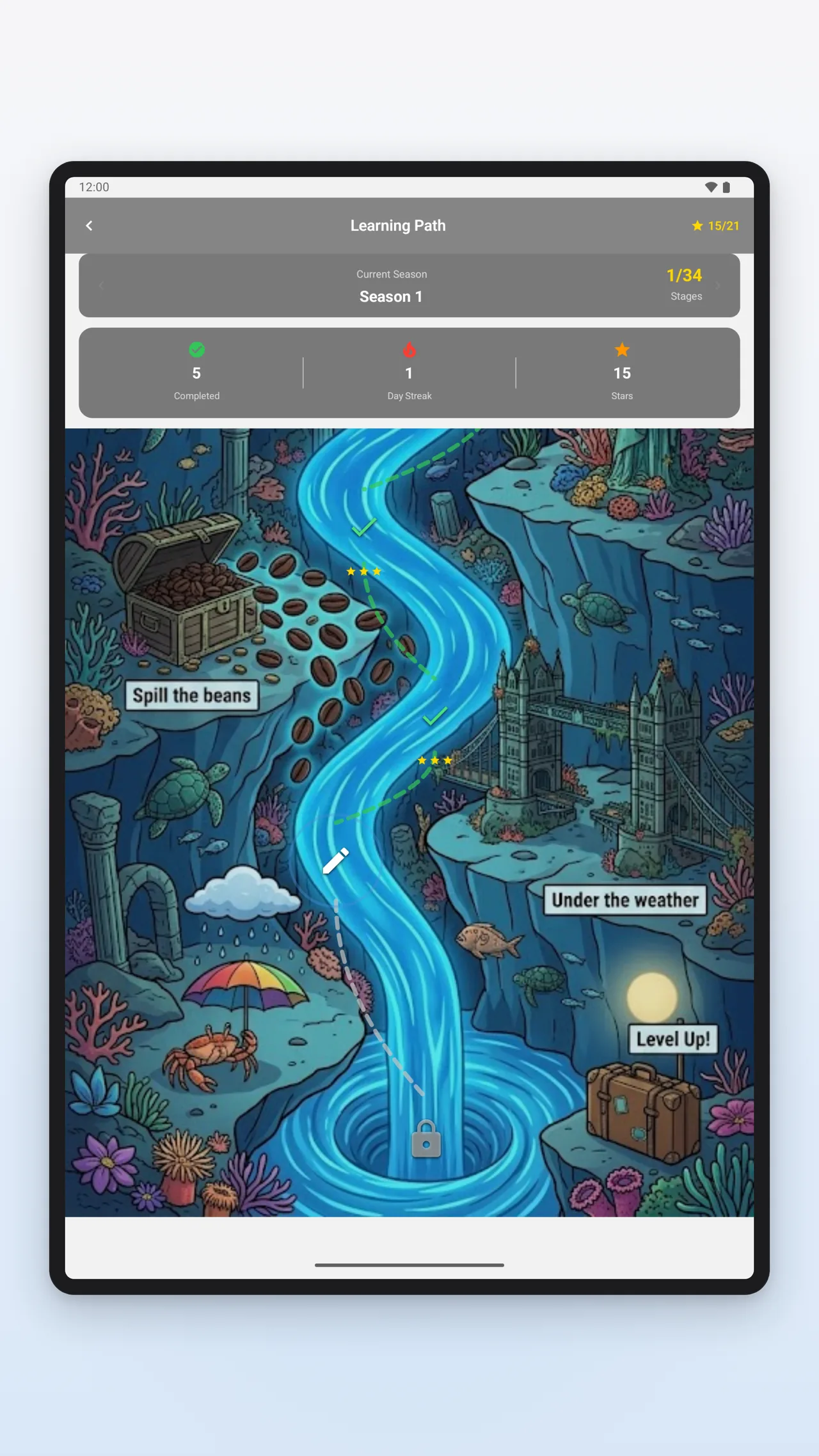 Learning Path with an illustrated map: stations along a winding route, below an overview of your progress