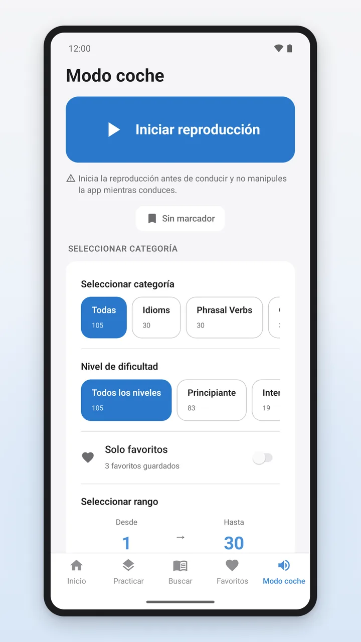 Modo coche con el botón Iniciar reproducción, un aviso para iniciarla antes de conducir y la selección de categoría