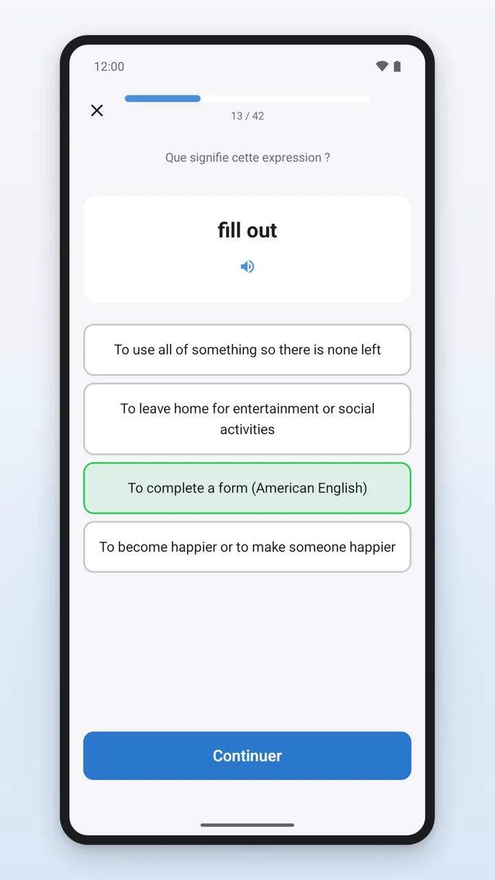 Quiz d’une session d’apprentissage avec une expression anglaise et quatre significations, la bonne réponse surlignée en vert