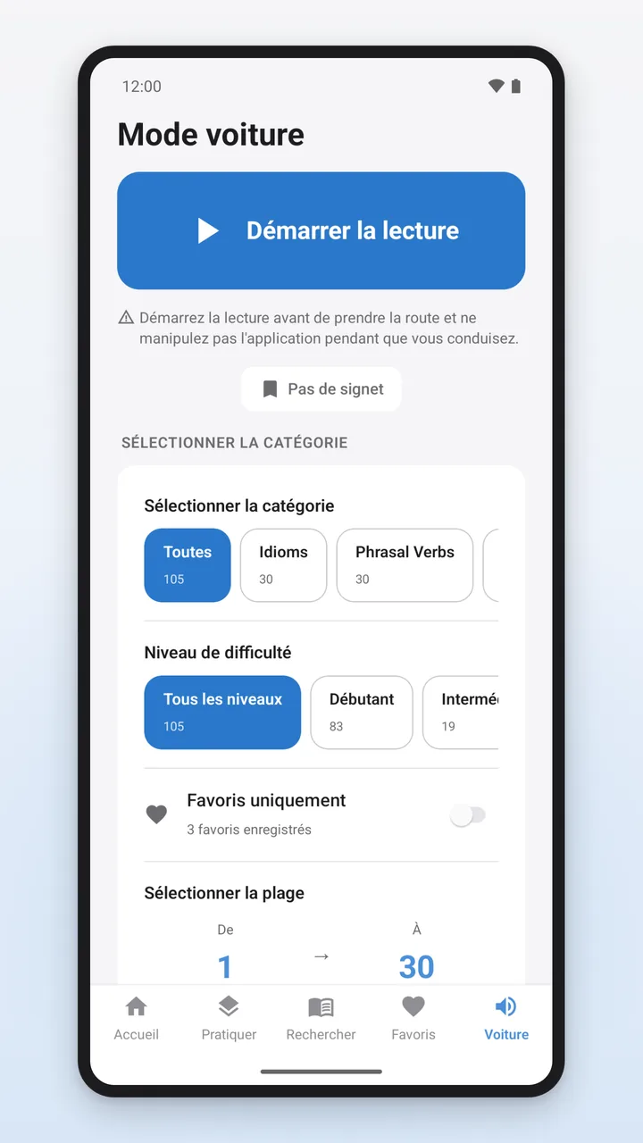 Mode voiture avec le bouton Démarrer la lecture, un conseil pour lancer la lecture avant de partir et le choix de la catégorie