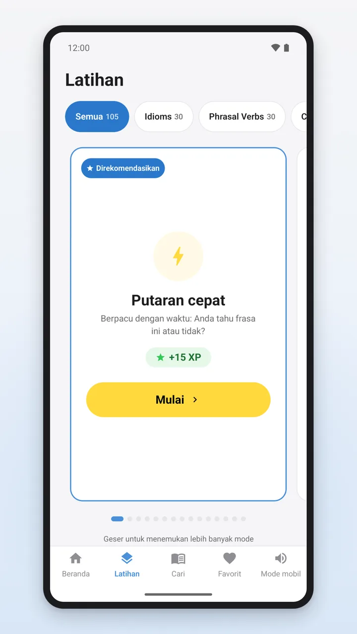 Tab Latihan dengan filter kategori dan deretan mode latihan yang dapat digeser; kartu Putaran cepat bertanda Direkomendasikan