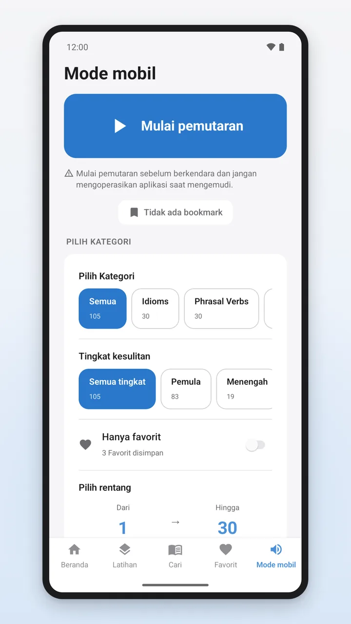 Mode mobil dengan tombol Mulai pemutaran, pesan untuk memulai pemutaran sebelum berkendara, dan pilihan kategori