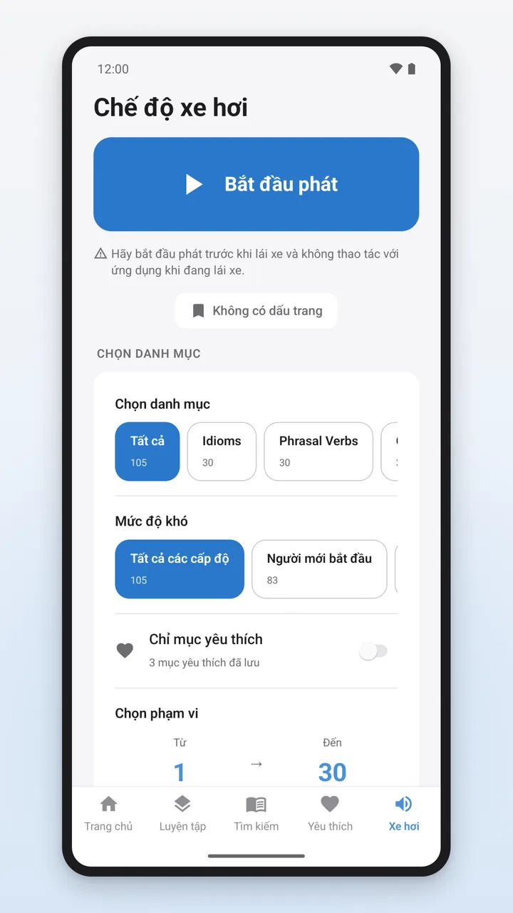 Chế độ xe hơi với nút Bắt đầu phát, lời nhắc bắt đầu phát trước khi lái xe và phần chọn danh mục